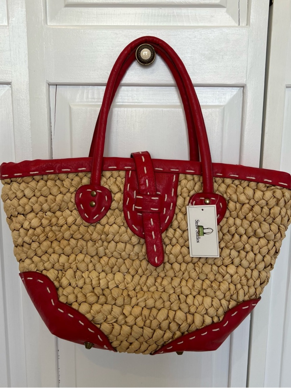 Straw Studios Natural Straw Tote with Red Trim and Handles - Picture 2 of 7